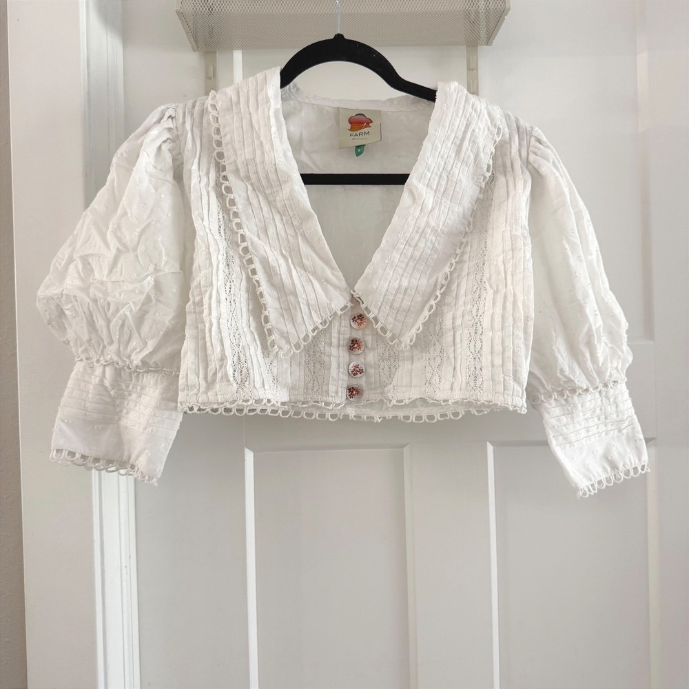 Farm Rio Cropped Crochet Lace Trimmed Fil Coupe Cotton Top White S Collar Boho